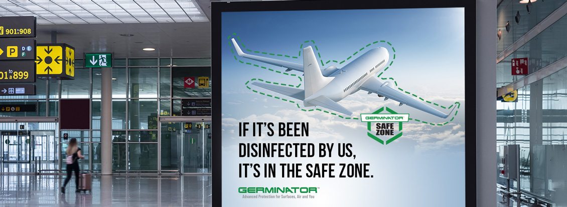 Disinfected Airport Lobby In Safe Zone And Sign Showing Germinator's Safe Zone Concept Around Airplane