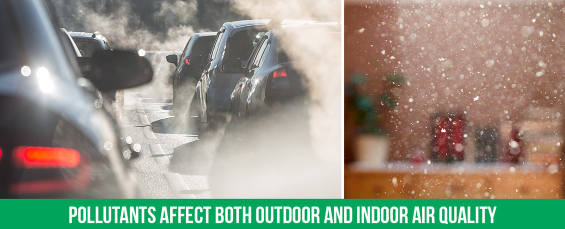 Cars Producing Outdoor Pollution on the Right and Dust Floating in the Air in a Room on the Left