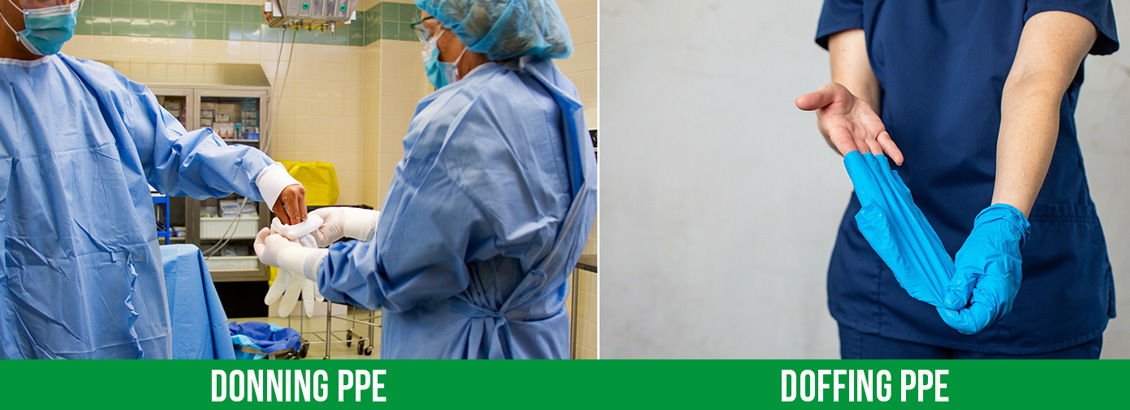 On the Left Is a Doctor Putting On Personal Protective Equipment and On The Right Is A Doctor Putting On Personal Protective Equipment