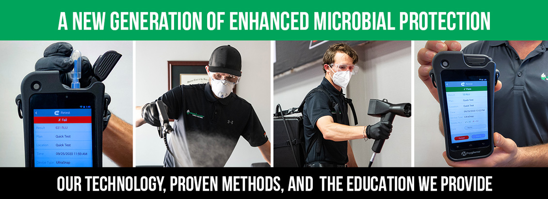 Our Patent-Pending Process Showing how We Test For ATP on Surface Before & After Service and Technicians Spraying Disinfecting Solutions. Top Banner CaptionReads:'A New Generation of Enhanced Microbial Protection. Bottom Caption Reads: Our Technology 