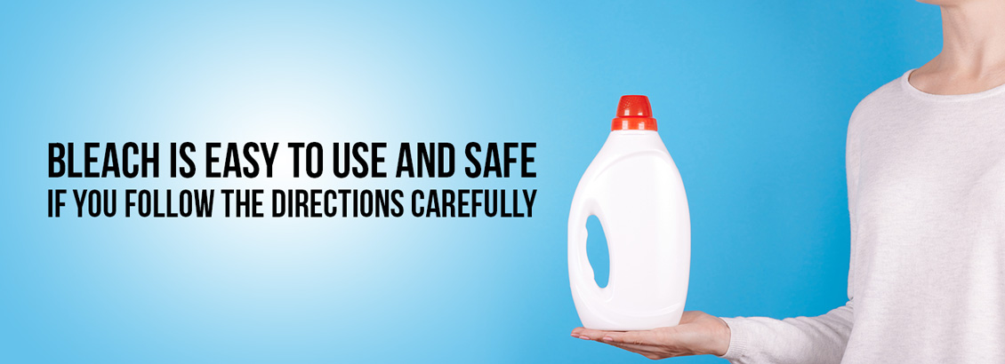 A Person Holding a Bleach Bottle With Caption That Reads, ' Bleahc is Easy to Use and Safe If You Follow the Directions Carefully'