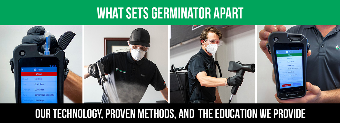 A collage of Technicians Testing for ATP and Sanitizing Spaces with Banner Caption: What Sets Germinator Apart is Our Technology, Proven Methods, & The Education We Provide